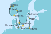 Visitando Warnemunde (Alemania), Bergen (Noruega), Eidfjord (Hardangerfjord/Noruega), Kristiansand (Noruega), Oslo (Noruega), Copenhague (Dinamarca), Warnemunde (Alemania), Roenne (Dinamarca), Gdynia (Polonia), Visby (Suecia), Estocolmo (Suecia), Copenhague (Dinamarca), Warnemunde (Alemania)