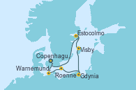 Visitando Copenhague (Dinamarca), Warnemunde (Alemania), Roenne (Dinamarca), Gdynia (Polonia), Visby (Suecia), Estocolmo (Suecia), Copenhague (Dinamarca)