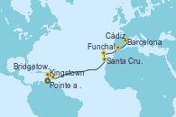Visitando Pointe a Pitre (Guadalupe), Kingstown (Granadinas), Bridgetown (Barbados), Santa Cruz de Tenerife (España), Funchal (Madeira), Cádiz (España), Barcelona