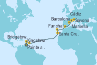 Visitando Pointe a Pitre (Guadalupe), Kingstown (Granadinas), Bridgetown (Barbados), Santa Cruz de Tenerife (España), Funchal (Madeira), Cádiz (España), Barcelona, Marsella (Francia), Savona (Italia)