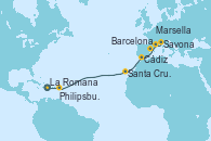 Visitando La Romana (República Dominicana), Philipsburg (St. Maarten), Santa Cruz de Tenerife (España), Cádiz (España), Barcelona, Marsella (Francia), Savona (Italia)