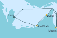 Visitando Doha (Catar), Abu Dhabi (Emiratos Árabes Unidos), Dubai, Dubai, Dubai, Muscat (Omán), Doha (Catar)