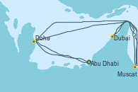 Visitando Abu Dhabi (Emiratos Árabes Unidos), Doha (Catar), Muscat (Omán), Dubai, Dubai, Dubai, Dubai, Muscat (Omán), Doha (Catar), Abu Dhabi (Emiratos Árabes Unidos)