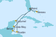 Visitando Miami (Florida/EEUU), Cozumel (México), Roatán (Honduras), Belize (Caribe), Costa Maya (México), Miami (Florida/EEUU), Nassau (Bahamas), Miami (Florida/EEUU)