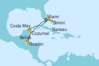 Visitando Miami (Florida/EEUU), Bimini (Bahamas), Nassau (Bahamas), Miami (Florida/EEUU), Cozumel (México), Roatán (Honduras), Belize (Caribe), Costa Maya (México), Miami (Florida/EEUU)