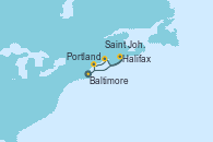 Visitando Baltimore (Maryland), Gloucester (Massachusetts), Portland (Maine/Estados Unidos), Saint John (New Brunswick/Canadá), Saint John (New Brunswick/Canadá), Halifax (Canadá), Baltimore (Maryland)