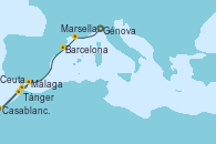 Visitando Génova (Italia), Marsella (Francia), Barcelona, Tánger (Marruecos), Casablanca (Marruecos), Ceuta (España), Málaga