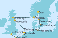 Visitando Copenhague (Dinamarca), Warnemunde (Alemania), Gotemburgo (Suecia), Oslo (Noruega), Kristiansand (Noruega), Edimburgo (Escocia), Newcastle (Reino Unido), Ámsterdam (Holanda), Zeebrugge (Bruselas), Le Havre (Francia), Southampton (Inglaterra)