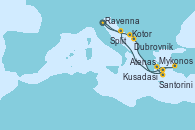 Visitando Ravenna (Italia), Kotor (Montenegro), Dubrovnik (Croacia), Mykonos (Grecia), Santorini (Grecia), Atenas (Grecia), Kusadasi (Efeso/Turquía), Split (Croacia), Ravenna (Italia)