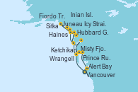 Visitando Vancouver (Canadá), Ketchikan (Alaska), Sitka (Alaska), Hubbard Glacier, Alaska, Icy Strait Point (Alaska), Inian Islands (Alaska/Usa), Haines (Alaska), Juneau (Alaska), Fiordo Tracy Arm (Alaska), Wrangell (Alaska), Misty Fjords (CRUCERO), Prince Rupert (Canadá), Alert Bay (Canada), Vancouver (Canadá)