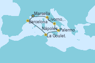 Visitando Marsella (Francia), Barcelona, La Goulette (Tunez), Palermo (Italia), Nápoles (Italia), Livorno, Pisa y Florencia (Italia), Marsella (Francia)