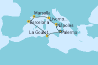 Visitando Palermo (Italia), Nápoles (Italia), Livorno, Pisa y Florencia (Italia), Marsella (Francia), Barcelona, La Goulette (Tunez), Palermo (Italia)