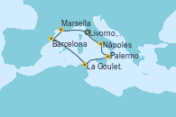 Visitando Livorno, Pisa y Florencia (Italia), Marsella (Francia), Barcelona, La Goulette (Tunez), Palermo (Italia), Nápoles (Italia), Livorno, Pisa y Florencia (Italia)