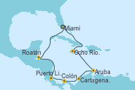 Visitando Miami (Florida/EEUU), Ocho Ríos (Jamaica), Aruba (Antillas), Cartagena de Indias (Colombia), Colón (Panamá), Puerto Limón (Costa Rica), Roatán (Honduras), Miami (Florida/EEUU)