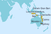Visitando Sydney (Australia), Moreton Island (Australia), Townsville, Cairns (Australia), Gran Barrera de Coral (Australia), Darwin (Australia), Darwin (Australia), Islas Komodo (Indonesia), Lombok (Indonesia), Bali (Indonesia)