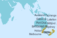 Visitando Sydney (Australia), BATEMANS BAY (CANBER, Melbourne (Australia), Hobart (Australia), Milfjord Sound (Nueva Zelanda), OBAN (HALFMOON BAY), Port Chalmers (Nueva Zelanda), Lyttelton (Nueva Zelanda), Gisborne (Nueva Zelanda), Tauranga (Nueva Zelanda), Auckland (Nueva Zelanda)