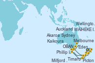 Visitando Auckland (Nueva Zelanda), WAIHEKE ISLAND, Wellington (Nueva Zelanda), Picton (Australia), Kaikoura (Nueva Zelanda), Akaroa (Nueva Zelanda), Timaru (Nueva Zelanda), OBAN (HALFMOON BAY), Milfjord Sound (Nueva Zelanda), Melbourne (Australia), Phillip Island, Eden (Nueva Gales), Sydney (Australia)