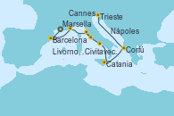 Visitando Marsella (Francia), Barcelona, Barcelona, Cannes (Francia), Civitavecchia (Roma), Livorno, Pisa y Florencia (Italia), Livorno, Pisa y Florencia (Italia), Nápoles (Italia), Catania (Sicilia), Corfú (Grecia), Trieste (Italia)