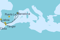 Visitando Barcelona, Puerto Leixões (Portugal), Lisboa (Portugal), Lisboa (Portugal), Tánger (Marruecos), Cádiz (España), Barcelona