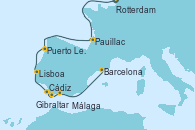Visitando Rotterdam (Holanda), Pauillac (Francia), Pauillac (Francia), Puerto Leixões (Portugal), Lisboa (Portugal), Lisboa (Portugal), Cádiz (España), Gibraltar (Inglaterra), Málaga, Barcelona