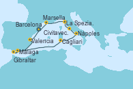 Visitando Barcelona, Valencia, Málaga, Gibraltar (Inglaterra), Cagliari (Cerdeña), Nápoles (Italia), Civitavecchia (Roma), La Spezia, Florencia y Pisa (Italia), Marsella (Francia), Barcelona