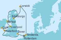 Visitando Rotterdam (Holanda), Dover (Inglaterra), Waterford (Irlanda), Cork (Irlanda), Liverpool (Reino Unido), Belfast (Irlanda), Edimburgo (Escocia), Lerwick (Escocia), Ámsterdam (Holanda)