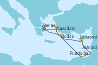 Visitando Atenas (Grecia), Puerto Said (Egipto), Ashdod (Israel), Limassol (Chipre), Rodas (Grecia), Kusadasi (Efeso/Turquía), Atenas (Grecia)