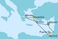 Visitando Limassol (Chipre), Rodas (Grecia), Kusadasi (Efeso/Turquía), Atenas (Grecia), Puerto Said (Egipto), Ashdod (Israel), Limassol (Chipre)