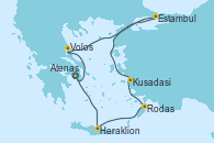 Visitando Atenas (Grecia), Heraklion (Creta), Rodas (Grecia), Kusadasi (Efeso/Turquía), Estambul (Turquía), Estambul (Turquía), Volos (Grecia), Atenas (Grecia)