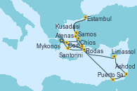 Visitando Atenas (Grecia), Puerto Said (Egipto), Ashdod (Israel), Limassol (Chipre), Rodas (Grecia), Kusadasi (Efeso/Turquía), Atenas (Grecia), Santorini (Grecia), Rodas (Grecia), Samos (Grecia), Estambul (Turquía), Estambul (Turquía), Chios (Grecia), Cos (Grecia), Mykonos (Grecia), Atenas (Grecia)