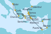 Visitando Atenas (Grecia), Puerto Said (Egipto), Ashdod (Israel), Limassol (Chipre), Rodas (Grecia), Kusadasi (Efeso/Turquía), Atenas (Grecia), Santorini (Grecia), Rodas (Grecia), Samos (Grecia), Estambul (Turquía), Estambul (Turquía), Chios (Grecia), Cos (Grecia), Mykonos (Grecia), Atenas (Grecia), Kotor (Montenegro), Corfú (Grecia), Chania (Creta/Grecia), Atenas (Grecia)