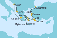 Visitando Atenas (Grecia), Santorini (Grecia), Rodas (Grecia), Samos (Grecia), Estambul (Turquía), Estambul (Turquía), Chios (Grecia), Cos (Grecia), Mykonos (Grecia), Atenas (Grecia), Kotor (Montenegro), Corfú (Grecia), Chania (Creta/Grecia), Atenas (Grecia)