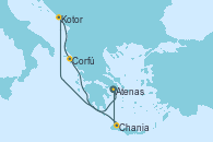 Visitando Atenas (Grecia), Kotor (Montenegro), Corfú (Grecia), Chania (Creta/Grecia), Atenas (Grecia)
