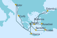 Visitando Atenas (Grecia), Kotor (Montenegro), Corfú (Grecia), Chania (Creta/Grecia), Atenas (Grecia), Estambul (Turquía), Estambul (Turquía), Mykonos (Grecia), Mykonos (Grecia), Kusadasi (Efeso/Turquía), Rodas (Grecia), Santorini (Grecia), Atenas (Grecia)