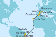 Visitando Santos (Brasil), Ilhabela (Brasil), Isla Grande (Brasil), Buzios (Brasil), Río de Janeiro (Brasil), Santa Cruz de Tenerife (España), Casablanca (Marruecos), Málaga, Valencia, Barcelona, Marsella (Francia)