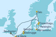 Visitando Southampton (Inglaterra), Le Havre (Francia), Zeebrugge (Bruselas), Ijmuiden (Ámsterdam), Oslo (Noruega), Copenhague (Dinamarca), Warnemunde (Alemania), Helsingborg (Suecia), Southampton (Inglaterra)