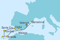 Visitando Valencia, Arrecife (Lanzarote/España), Santa Cruz de Tenerife (España), Funchal (Madeira), Cádiz (España), Málaga, Barcelona