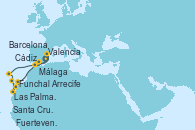 Visitando Valencia, Funchal (Madeira), Las Palmas de Gran Canaria (España), Santa Cruz de Tenerife (España), Fuerteventura (Canarias/España), Arrecife (Lanzarote/España), Cádiz (España), Málaga, Barcelona