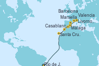Visitando Río de Janeiro (Brasil), Santa Cruz de Tenerife (España), Casablanca (Marruecos), Málaga, Valencia, Barcelona, Marsella (Francia), Livorno, Pisa y Florencia (Italia)