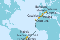 Visitando Santos (Brasil), Ilhabela (Brasil), Isla Grande (Brasil), Buzios (Brasil), Río de Janeiro (Brasil), Santa Cruz de Tenerife (España), Casablanca (Marruecos), Málaga, Valencia, Barcelona, Marsella (Francia), Livorno, Pisa y Florencia (Italia)