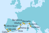 Visitando Lisboa (Portugal), Gibraltar (Inglaterra), Cádiz (España), Motril (Granada/Andalucía), Ibiza (España), Palma de Mallorca (España), Barcelona, Marsella (Francia), Villefranche (Niza/Mónaco/Francia), Livorno, Pisa y Florencia (Italia), Civitavecchia (Roma)