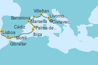 Visitando Civitavecchia (Roma), Livorno, Pisa y Florencia (Italia), Villefranche (Niza/Mónaco/Francia), Marsella (Francia), Barcelona, Palma de Mallorca (España), Ibiza (España), Motril (Granada/Andalucía), Cádiz (España), Gibraltar (Inglaterra), Lisboa (Portugal)