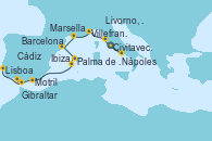 Visitando Civitavecchia (Roma), Nápoles (Italia), Livorno, Pisa y Florencia (Italia), Villefranche (Niza/Mónaco/Francia), Marsella (Francia), Barcelona, Palma de Mallorca (España), Ibiza (España), Motril (Granada/Andalucía), Cádiz (España), Gibraltar (Inglaterra), Lisboa (Portugal)