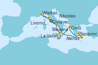 Visitando Civitavecchia (Roma), Santorini (Grecia), Atenas (Grecia), Corfú (Grecia), La Valletta (Malta), Messina (Sicilia), Nápoles (Italia), Livorno, Pisa y Florencia (Italia), Villefranche (Niza/Mónaco/Francia), Civitavecchia (Roma)