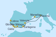 Visitando Savona (Italia), Marsella (Francia), Málaga, Gibraltar (Inglaterra), Cádiz (España), Lisboa (Portugal), Cartagena (Murcia), Valencia, Savona (Italia)