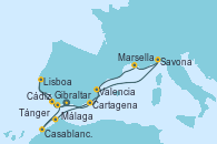 Visitando Málaga, Gibraltar (Inglaterra), Cádiz (España), Lisboa (Portugal), Cartagena (Murcia), Valencia, Savona (Italia), Marsella (Francia), Tánger (Marruecos), Casablanca (Marruecos), Gibraltar (Inglaterra)