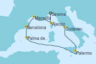 Visitando Savona (Italia), Ajaccio (Córcega), Marsella (Francia), Barcelona, Palma de Mallorca (España), Palermo (Italia), Civitavecchia (Roma)