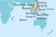 Visitando Keelung (Taiwán), Hualien (Taiwan), Kaoshiung (Taiwan), ILOCOS(SALOMAGUE)PHILIPPINES, Manila (Filipinas), Coron (Filipinas), Boracay (Filipinas), Puerto Princesa Palawan (Filipinas), Kota Kinabalu (Borneo/Malasia), Muara (Brunei), Ciudad Ho Chi Minh (Vietnam), Ciudad Ho Chi Minh (Vietnam), Singapur