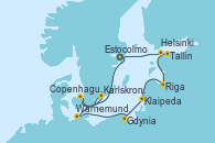 Visitando Estocolmo (Suecia), Copenhague (Dinamarca), Karlskrona (Suecia), Warnemunde (Alemania), Gdynia (Polonia), Klaipeda (Lituania), Riga (Letonia), Tallin (Estonia), Helsinki (Finlandia), Estocolmo (Suecia)
