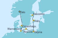 Visitando Oslo (Noruega), Copenhague (Dinamarca), Warnemunde (Alemania), Roenne (Dinamarca), Gdynia (Polonia), Visby (Suecia), Estocolmo (Suecia)